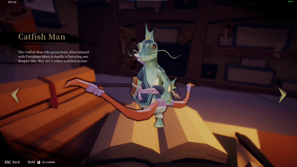 This catfish Man, who proactively allies himself with Yorushime Maru, is hardly a flattering one. Despite this, they are a rather skilled archer.