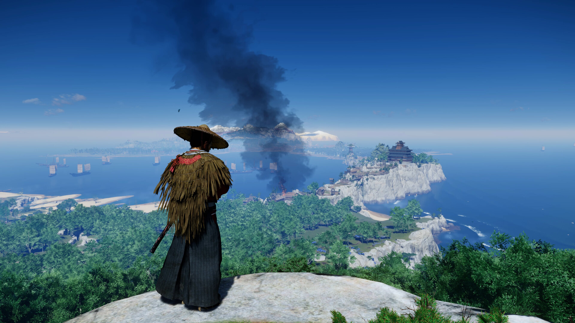 A smokestack is visible in Ghosts of Tsuchima even with all the HUD disabled