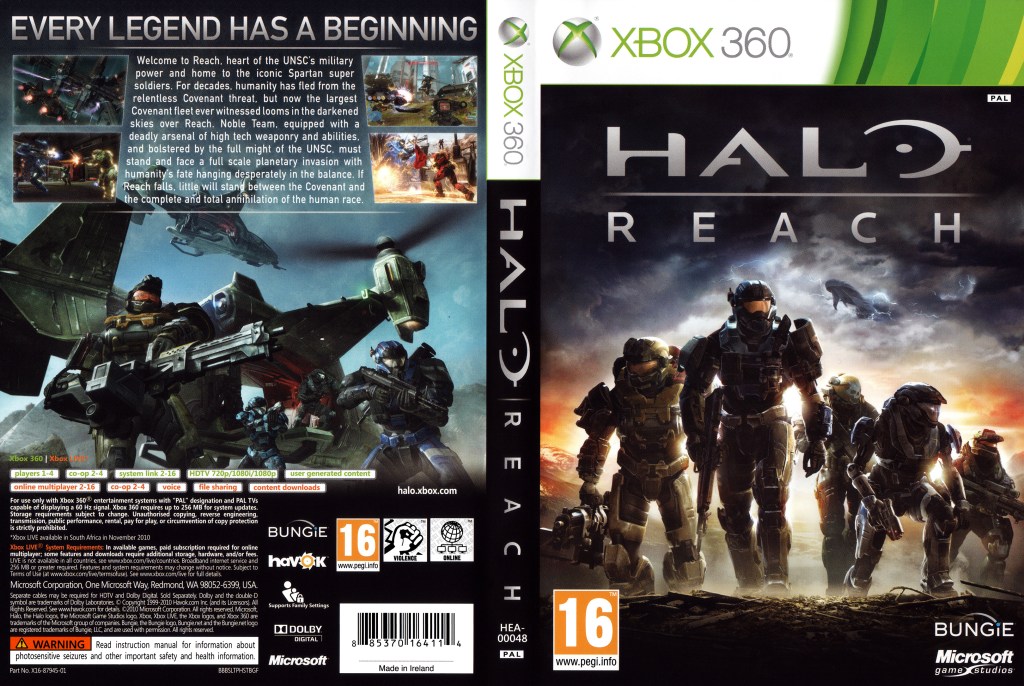 The front and back cover of the original release of Halo Reach, with no Master Chief in sight